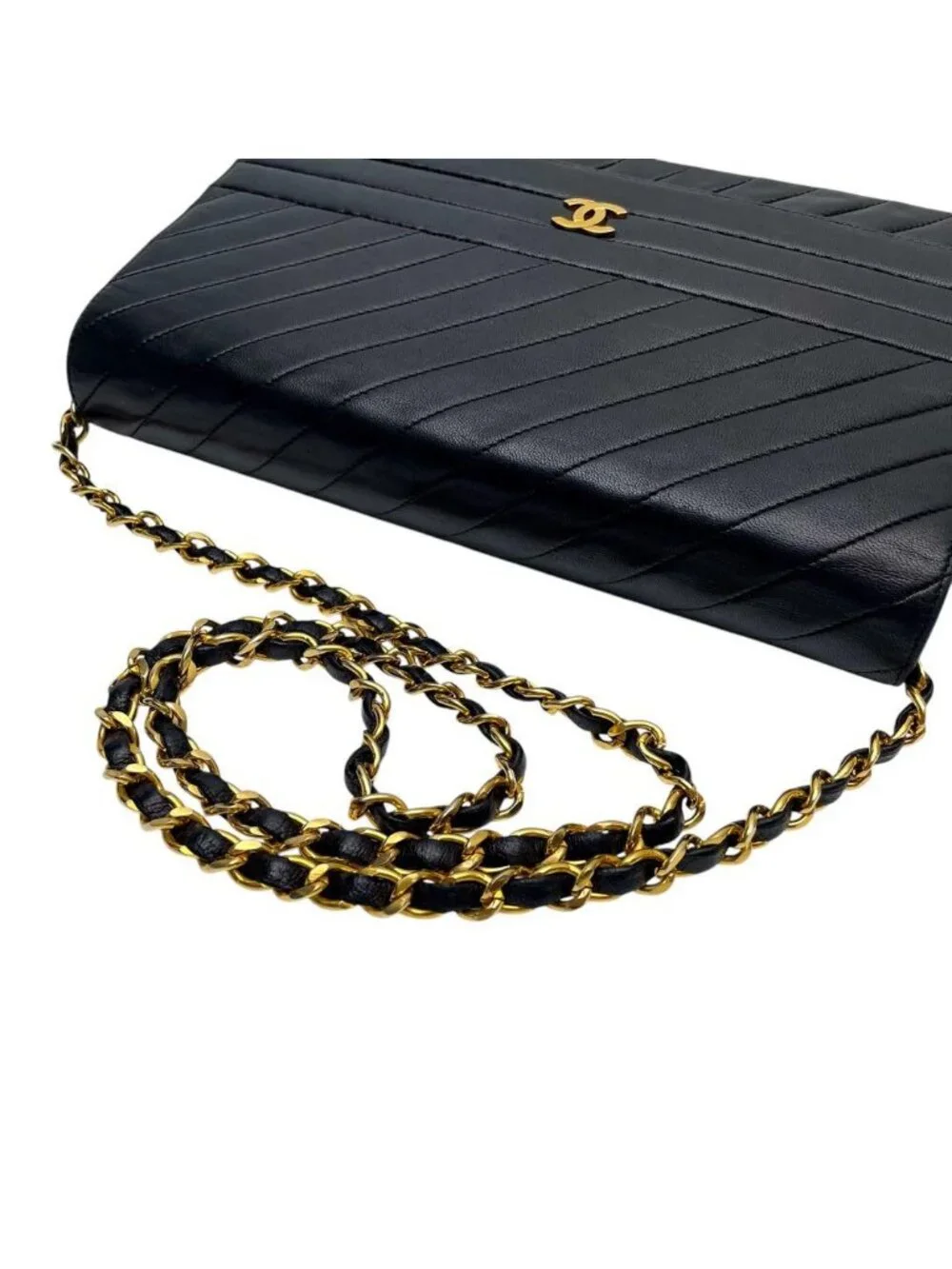 Chanel Lambskin Diagonal Stitch Chain Shoulder Bag CC Logo